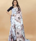 White Printed Satin Satin Sarees