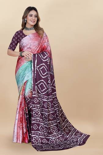 Purple Printed Satin Satin Sarees