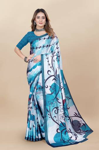 Turquoise Printed Satin Satin Sarees