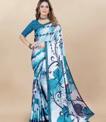Turquoise Printed Satin Satin Sarees