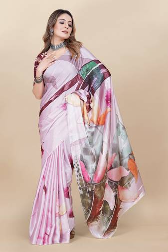 Light Pink Printed Satin Satin Sarees