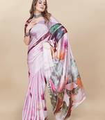Light Pink Printed Satin Satin Sarees