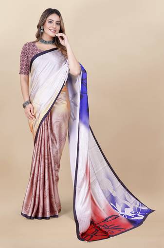Beige Printed Satin Satin Sarees