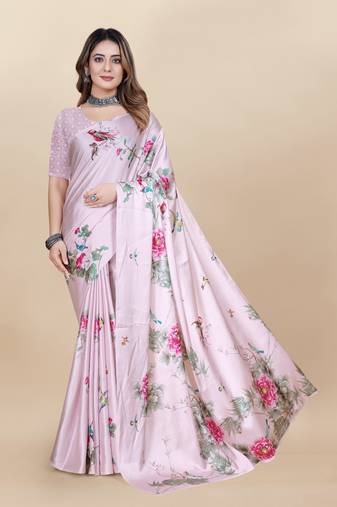 Light Pink Printed Satin Satin Sarees