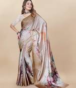 Light brown printed satin satin sarees