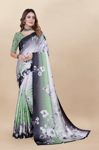 White Printed Satin Satin Sarees