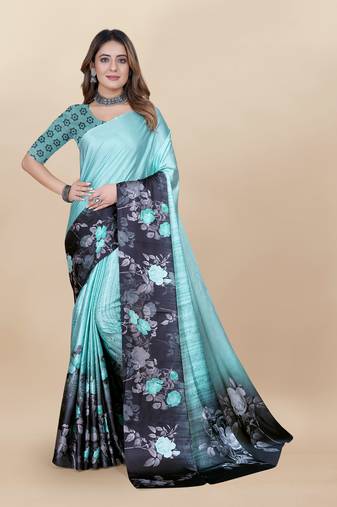 Turquoise Printed Satin Satin Sarees