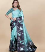 Turquoise Printed Satin Satin Sarees