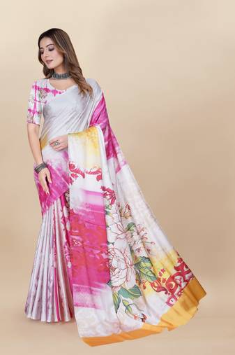 Pink Printed Satin Satin Sarees