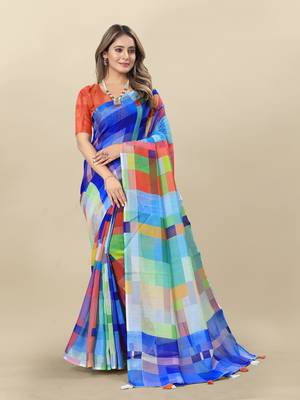 Multicolor Printed Linen Linen Saree 1