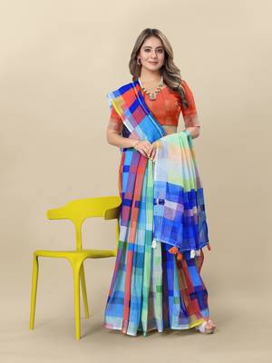 Multicolor Printed Linen Linen Saree 3