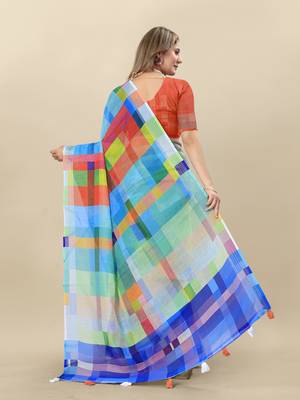 Multicolor Printed Linen Linen Saree 4