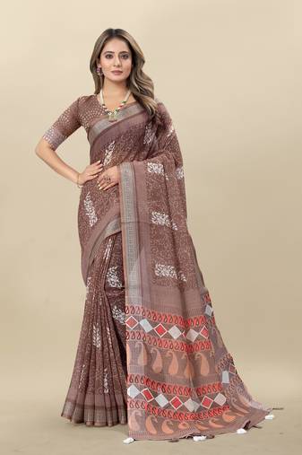 Light Brown Printed Linen Linen Saree