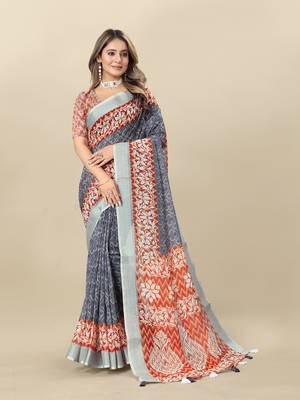 Grey Printed Linen Linen Saree 1