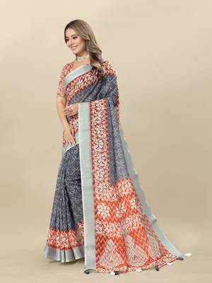 Grey Printed Linen Linen Saree 2