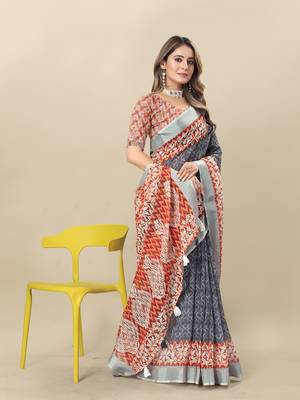 Grey Printed Linen Linen Saree 3