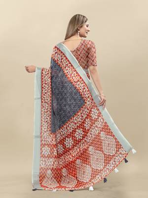 Grey Printed Linen Linen Saree 4
