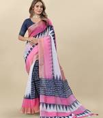 Pink Printed Linen Linen Saree