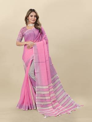 Pink Printed Linen Linen Saree 1