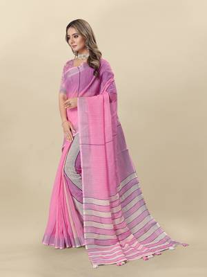 Pink Printed Linen Linen Saree 2