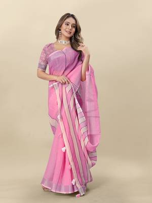 Pink Printed Linen Linen Saree 3