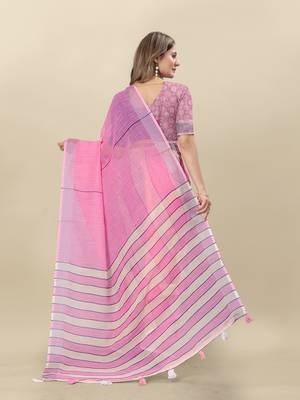 Pink Printed Linen Linen Saree 4