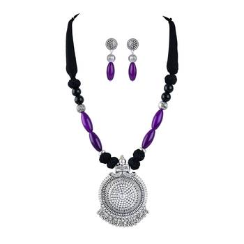 Silver plated round chakra pendant beads and cotton balls necklace set with thread adjustable thread for women & girls. 1
