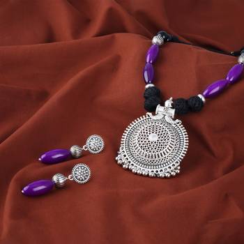 Silver plated round chakra pendant beads and cotton balls necklace set with thread adjustable thread for women & girls. 2