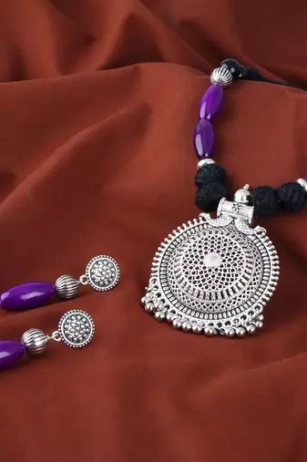 Silver plated round chakra pendant beads and cotton balls necklace set with thread adjustable thread for women & girls.