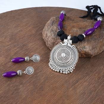 Silver plated round chakra pendant beads and cotton balls necklace set with thread adjustable thread for women & girls. 3