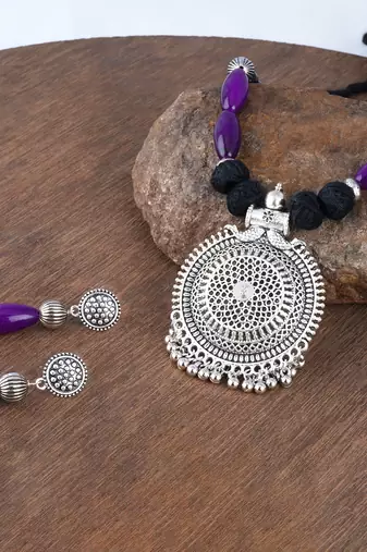 Silver plated round chakra pendant beads and cotton balls necklace set with thread adjustable thread for women & girls.