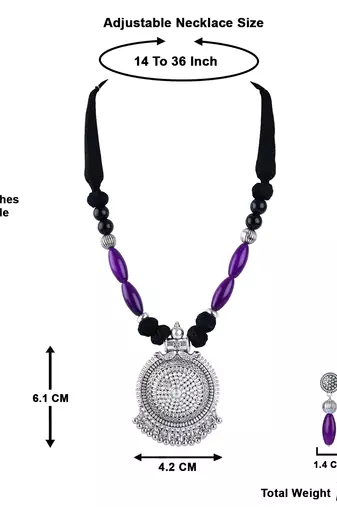 Silver plated round chakra pendant beads and cotton balls necklace set with thread adjustable thread for women & girls.