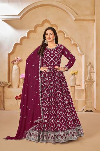 BurgundyHeavy Designer Embroidery WorkFaux GeorgetteSemistichedLong Length KameezPantparty wear salwarsuit