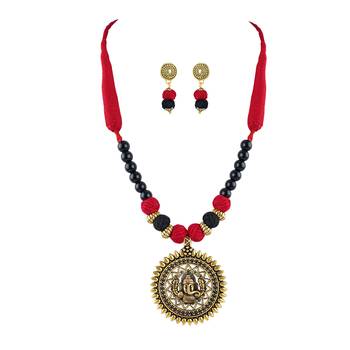 Gold plated oxidized german ganesha beaded necklaces set with cotton adjustable thread for women and girls. 1