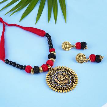 Gold plated oxidized german ganesha beaded necklaces set with cotton adjustable thread for women and girls. 2