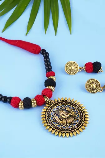Gold plated oxidized german ganesha beaded necklaces set with cotton adjustable thread for women and girls.