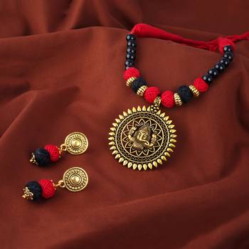 Gold plated oxidized german ganesha beaded necklaces set with cotton adjustable thread for women and girls. 3