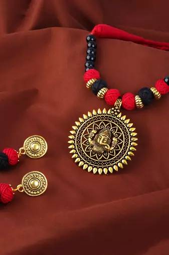 Gold plated oxidized german ganesha beaded necklaces set with cotton adjustable thread for women and girls.