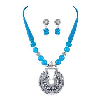 Oxidized german silver key hole beaded necklace set with cotton adjustable thread for women and girls. 1