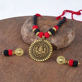 Gold plated oxidized german ganesha beaded necklaces set with cotton adjustable thread for women and girls. 4