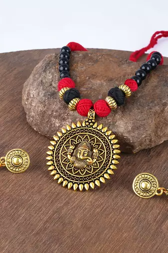 Gold plated oxidized german ganesha beaded necklaces set with cotton adjustable thread for women and girls.