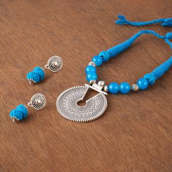 Oxidized german silver key hole beaded necklace set with cotton adjustable thread for women and girls. 2