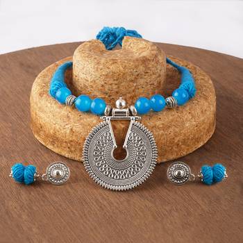 Oxidized german silver key hole beaded necklace set with cotton adjustable thread for women and girls. 3