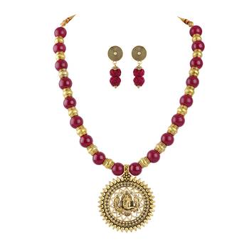 Gold plated oxidized german ganesha beaded necklaces set with adjustable thread for women and girls. 1
