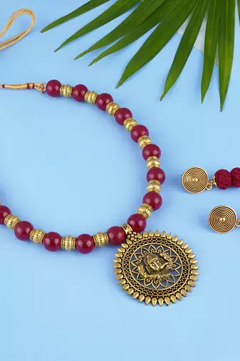 Gold plated oxidized german ganesha beaded necklaces set with adjustable thread for women and girls.