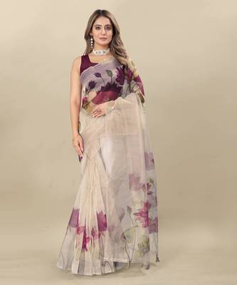 White Purple Organza Floral Printed Saree with Blouse 1