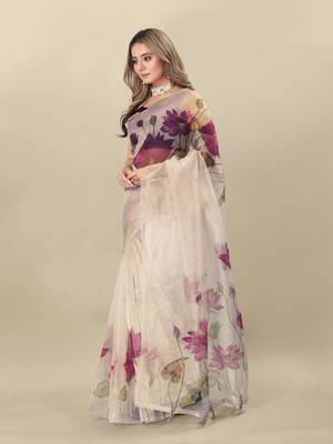 White Purple Organza Floral Printed Saree with Blouse 2