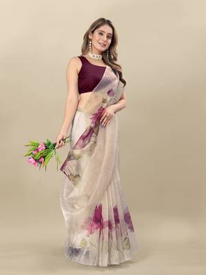 White Purple Organza Floral Printed Saree with Blouse 3
