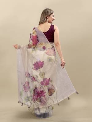 White Purple Organza Floral Printed Saree with Blouse 4