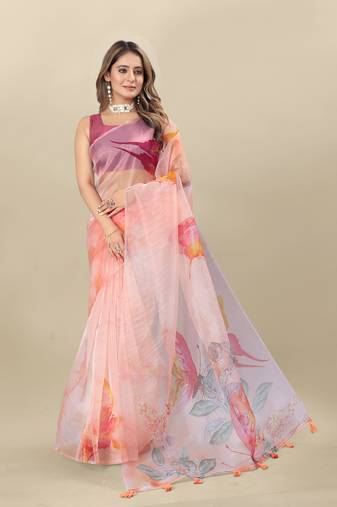 Pink Printed Organza Organza Sarees